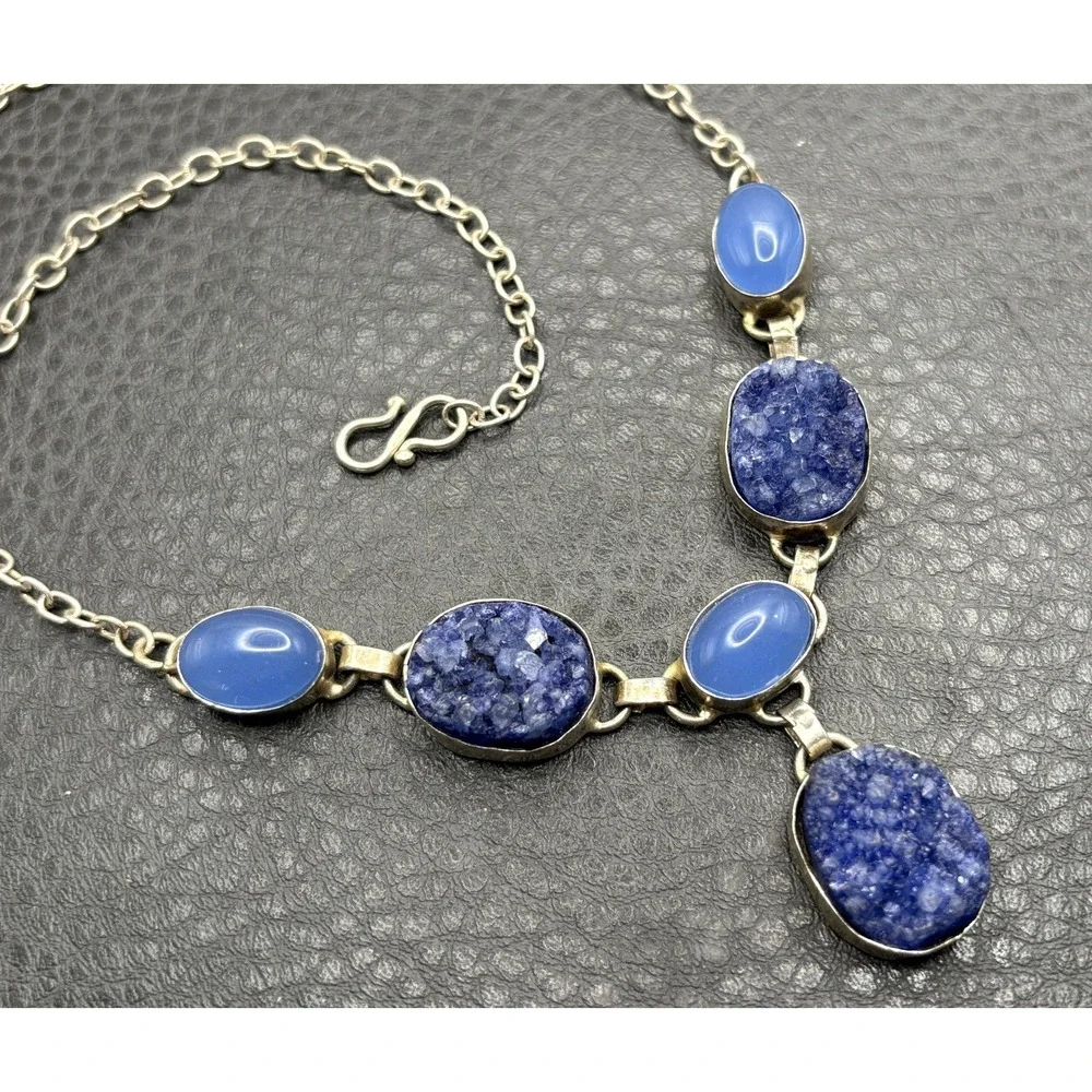 Ethnic Boho Style Silver Tone Faux Chalcedony Statement Necklace Pendant Drop